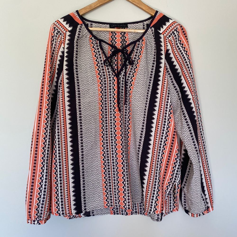 Sanctuary Small Boho Long Sleeve Coral & Navy Pattern Blouse